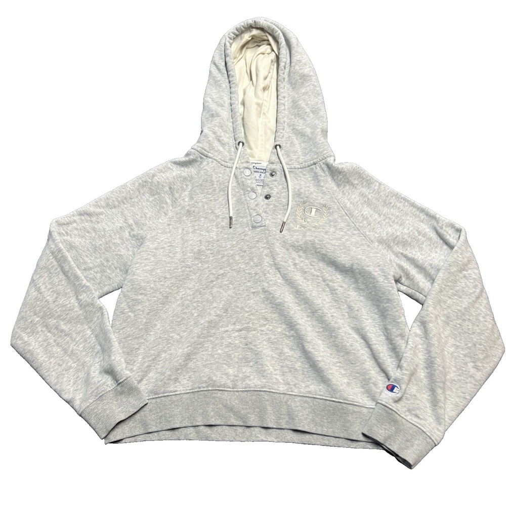 Champion Cropped Hoodie Sweatshirt Womens Size Medium Gray Embroidered Logo